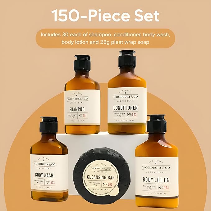 WOODBURY & CO Travel Size Shampoo Conditioner Body Wash Lotion & Soap (150 PK, 1.7 oz each), Guest Bathroom Essentials Toiletries Airbnb Bulk Mini Sets Hygiene Kits Paraben Free Air Bnb Toiletry
