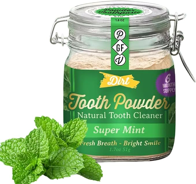 The Dirt - Remineralizing Tooth Powder, Natural Fluoride-Free Teeth Whitening Powder with Hydroxyapatite, Flouride & Gluten Free, Organic Vegan (Super Mint, 51g: 6 Month Supply)