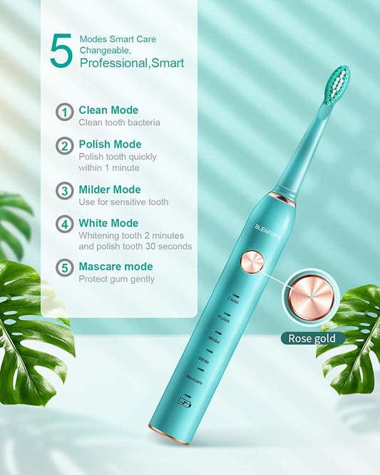 USB Rechargeable Sonic Electric Toothbrush for Adults Powered Motor Soft Dupont Brush Heads 2 Minutes Timer 5 Modes Teeth Whitening, Green