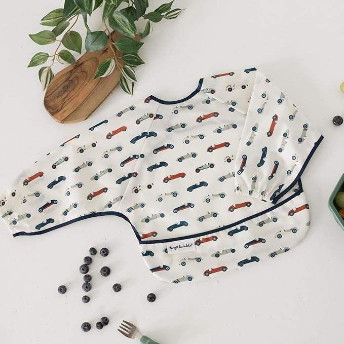 Tiny Twinkle Long Sleeve Bib for Babies & Toddlers – 2 Pack Waterproof Smock Bibs for Eating – Machine Washable & Mess-Proof, Baby Feeding Essential & Shower Must-Have (Cars,Flags,6-24M)