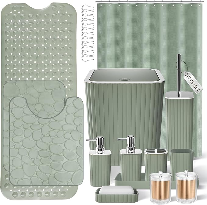 26PC Bathroom Accessories Set - Gorgeous Bathroom Set, Sage Green Bathroom Accessory Set, Shower Curtain Set with Bathtub Mats for Shower Tub, Trash Can & Soap Dispenser