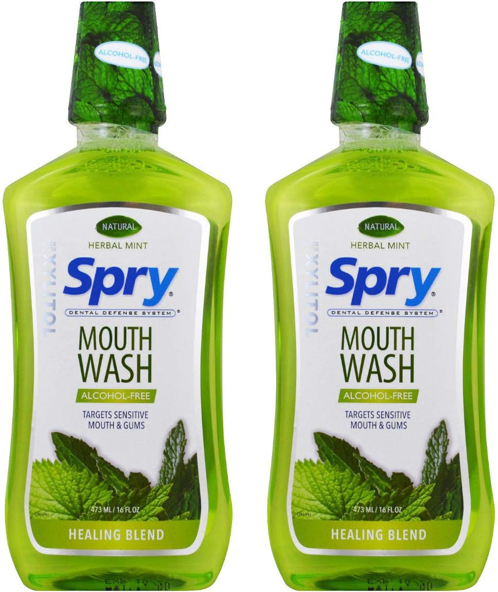 Spry Natural Xylitol Mouthwash Fluoride Free with Enamel Support, Alcohol-Free, Gentle, Non-GMO, Herbal Mint - 16 fl oz (Pack of 2)