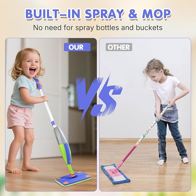 Kids Spray Mop,Real Working Toddler Cleaning Set, Mini Mop, Kid Vacuum - Spray Bottle,Scraper, Washable Microfiber Pads, Montessori Cleaning Toy Set,Toy for Kids Toddlers Ages 3+