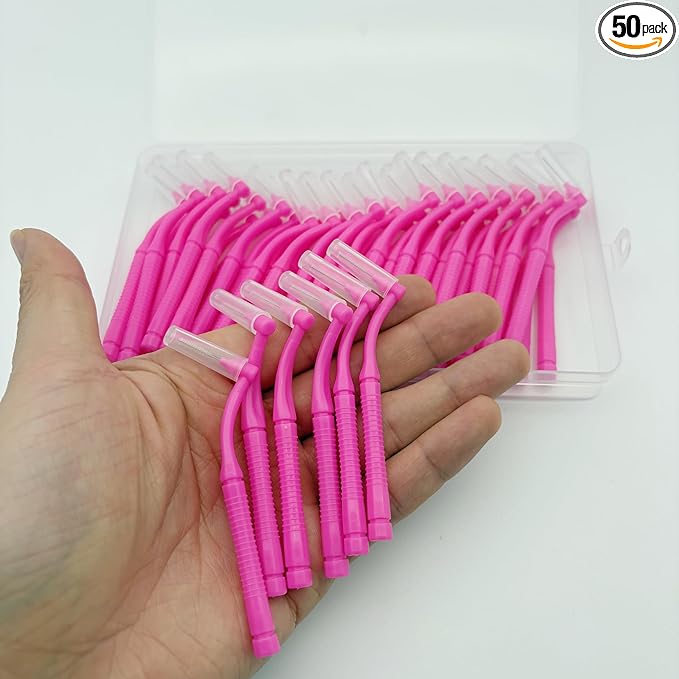 50 Pcs Interproximal Brush, Gum Interdental Brushes, L Angle Reusable Dental Cleaners Brushes,Disposable Oral Dental Hygiene Brush,Dental Toothpick Floss for Braces,Tooth Cleaning Tool (Pink)
