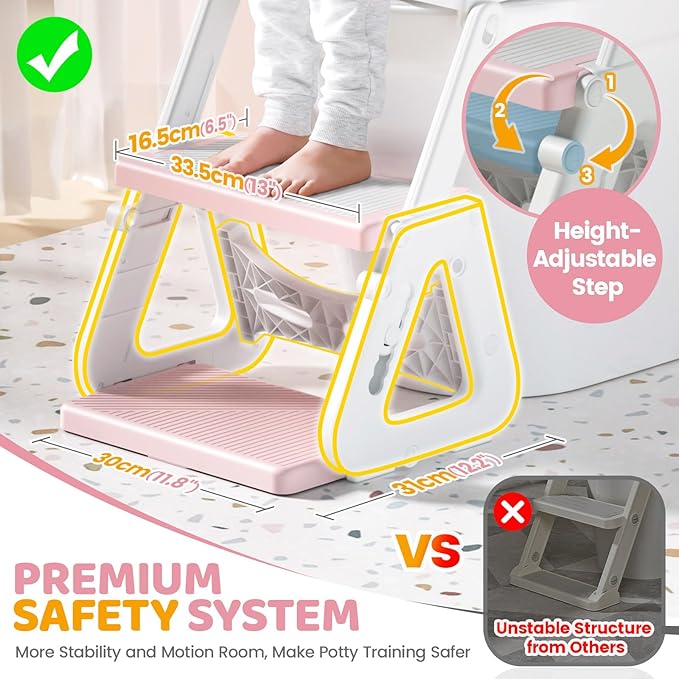 Orzbow Potty Training Seat, 2-IN-1 Toddler Potty Training Toilet with Step Stool, Stability Toilet Seat for Boys Girls with Splash Guard and Anti-Slip Pad, Adjustable Ladder & Potty Seat Height, Pink