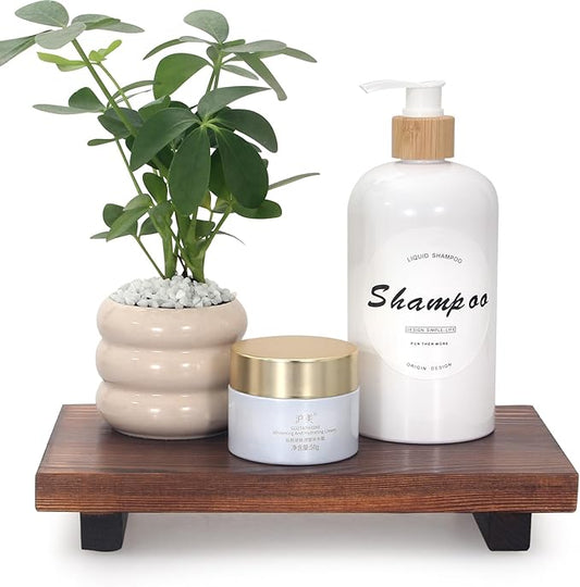 Farmhouse Bathroom Tray Organizer Wooden Riser Stand Wood Trays for Kitchen Counter Decor Pedestal Dish Soap Dispenser Holder Kitchen Sink Tray Modern Bathroom Vanity Accessories Decorative Trays