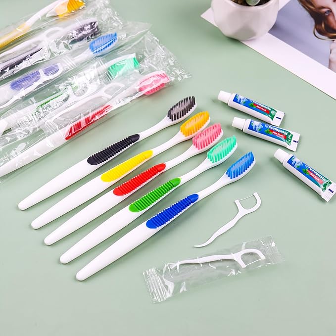 Disposable Toothbrushes with Toothpaste and Floss,10 Pcs 3 in 1 Individually Wrapped Single Use Travel Toothbrushes and Dental Floss Kit Bulk for Homeless,Guests,Dentist,Hotel(5 Colors)