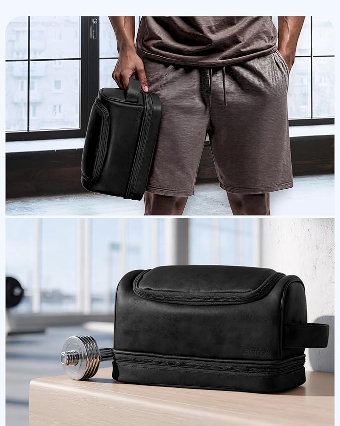 Elviros Toiletry Bag for Mens PU Leather Travel Organizer Kit with Hanging hook, Large Water-resistant Toiletries Bathroom Shaving Bags(Extra Large, Black)