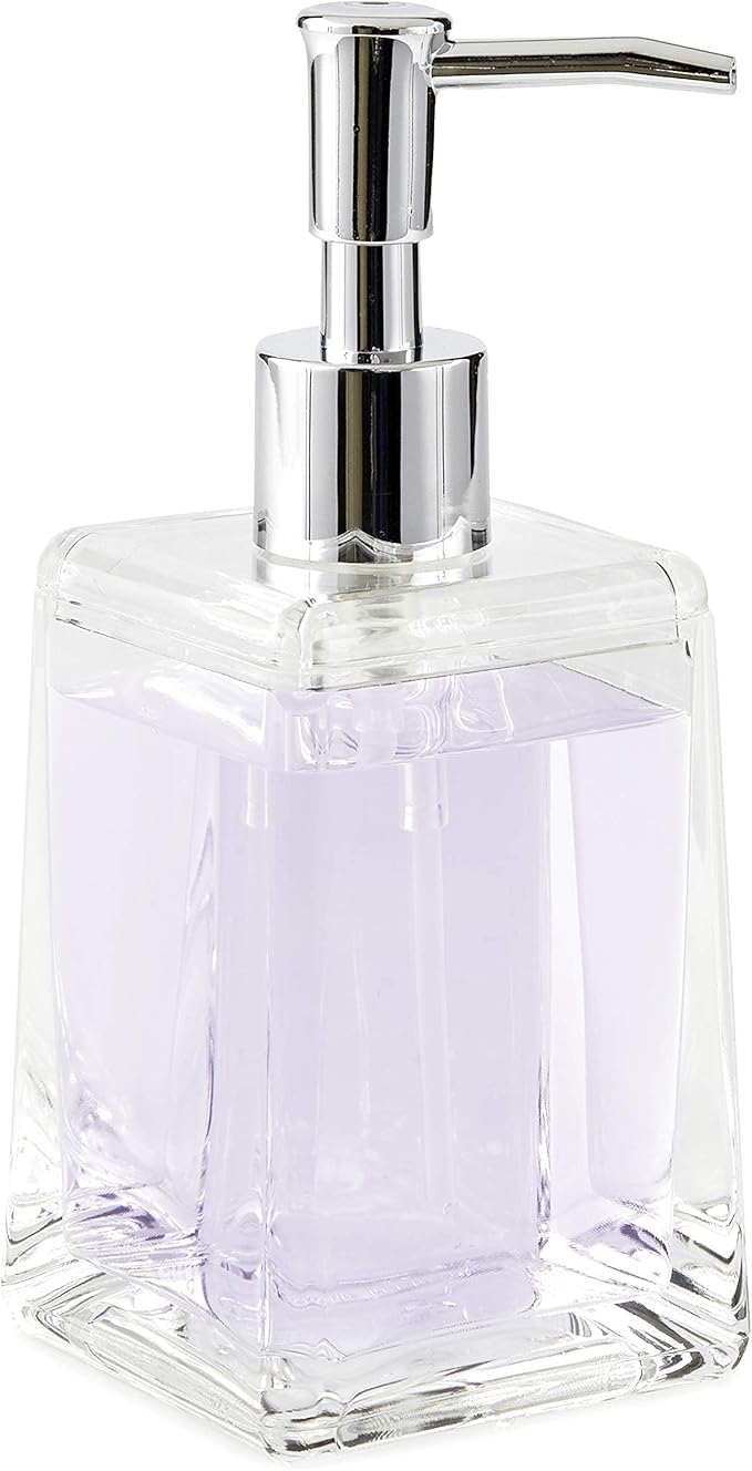 Huang Acrylic Clear Square Tapered Soap Dispenser Crystal Clear Acrylic | Sturdy and Elegant Construction Makes it Perfect for Kitchen or Bathroom | Shatter-Proof, Durable and Compact Design