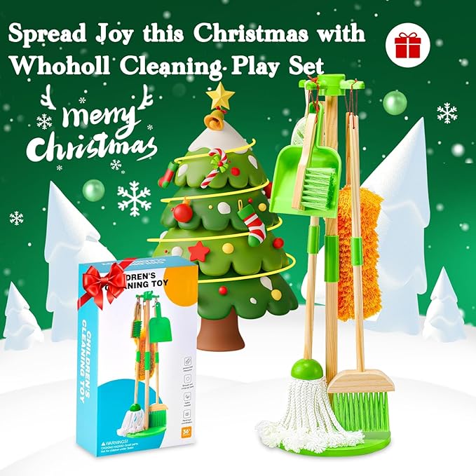 WHOHOLL Wooden Kids Cleaning Set Toddler Broom Set for Housekeeping 8 Pcs Broom and Mop Set for Toddlers 3-5, Baby Cleaning Toys with Dustpan Sponge, Christmas Birthday Gifts for Boys Girls (Green)