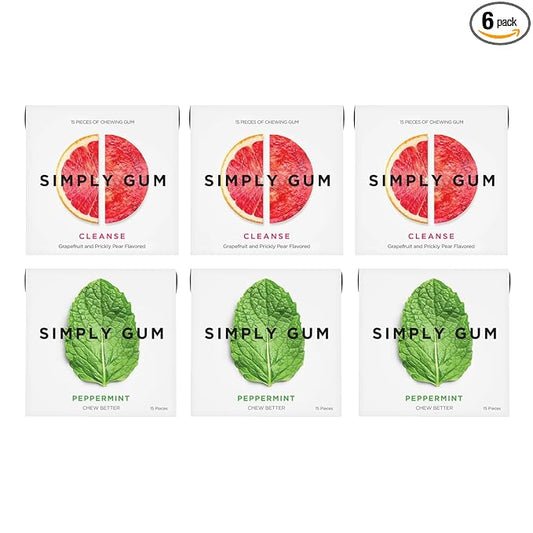 SIMPLY Gum Peppermint and Grapefruit (Cleanse) Variety Pack - Plastic-Free Natural Chewing Gum, 6 Pack (90 Pieces) | Vegan, Kosher, Non GMO, Aspartame Free and Sorbitol Free