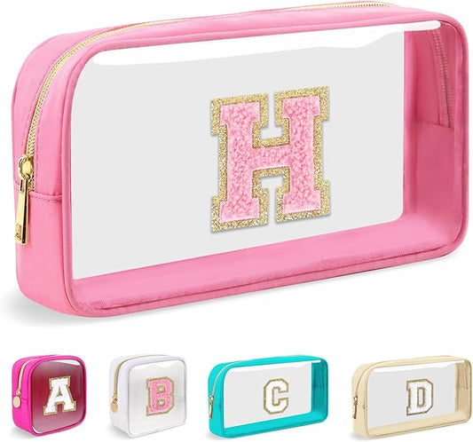 Small Clear Personalized Initial Makeup Bag,Nylon Preppy A-Z Chenille Letter Patch Cosmetic Pouch Beach Toiletry Bag,Waterproof Zipper Travel Purse Storage Bag Organizer for Women Girls(Pink-Pink H)