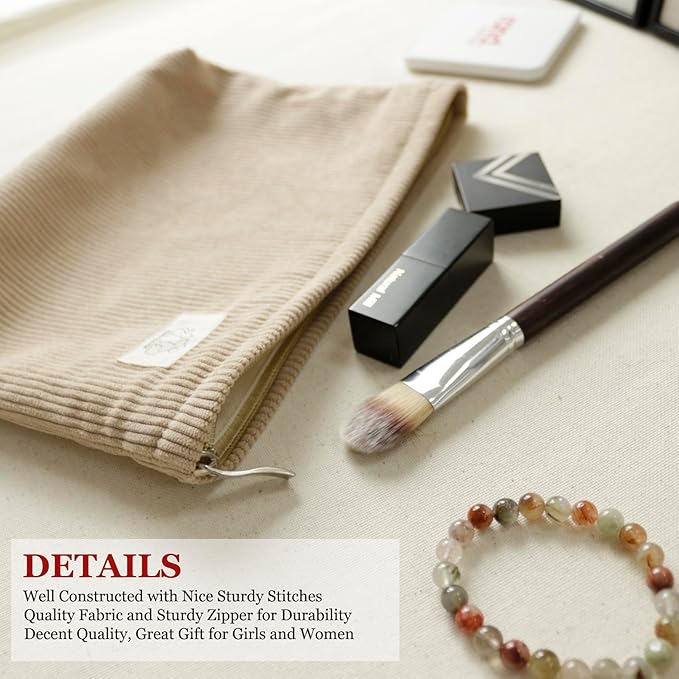 HAPPYHEIDI Creamy Light Khaki Corduroy Makeup Bag Cosmetic Toiletry Travel Pouch, Make Up Accessory Purse Organizer, Canvas Lined