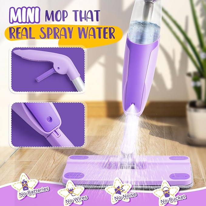 Purple Mini Spray Mop for Toddler-Montessori Cleaning Toy That Real Spray Water,Pretend Playhouse Essentials for Girls Ages 3-8,Toddler Educational Housekeeping Set