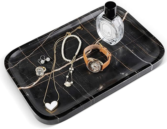Koville Marble Tray, 12"x8" Marble Vanity Tray for Bathroom Kitchen Countertop, Rectangular Stone Tray for Cosmetics Perfume Trinket, Decorative Catchall Trays (Black)