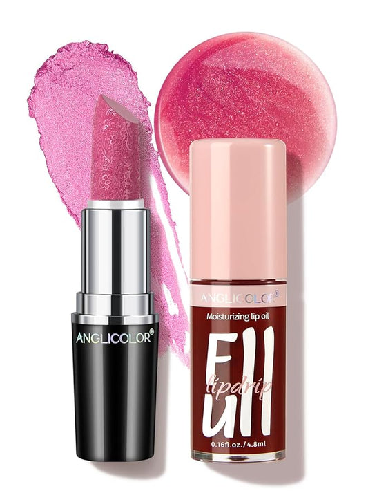 Anglicolor 2PC Lip Oil and Metallic Glitter Pink Lipstick,Natural Lip Plumper,Fruit Flavoured Lip Oil,For Dry Lip's Moisturizing Hydrating,Vegan & Cruelty-free (03 Aphrodite+15)