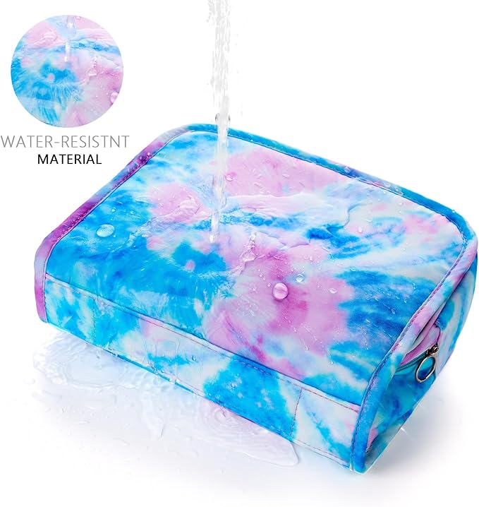 Kids Hanging Toiletry Bag for Girls, Travel Toiletry Bag for Little Young Girls Cosmetic Makeup Waterproof Wash Bag Toddler Traveling Toiletries, Tie Dye Blue