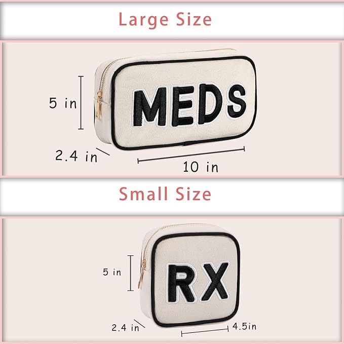 2Pcs Small Canvas Rx MEDS Medicine Packages, Cute Chenille Letter Patch Drug Makeup Bag with Metal Zipper, Mini Travel First Aid Purse Organizer Machine Washable (05RX and MEDS)
