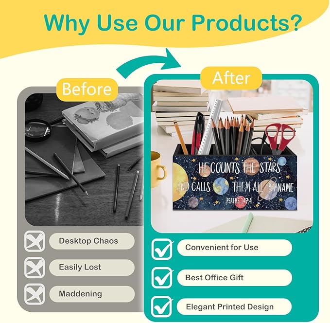 Space Christian Pen Pencil Holder for Desk, Space Nursery Decor, Navy Blue Solar System Bible Verse Decorative Sign for Toddler Nursery Kids Boys Room Desk Tabletop Decor