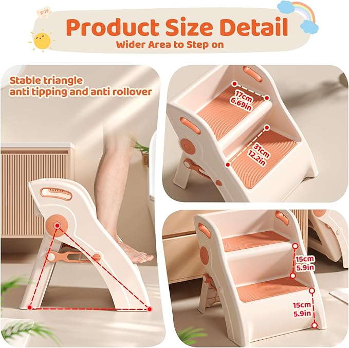 Step Stool for Toddlers – Foldable Toddler Step Stool for Bathroom Sink, 100lbs Load Bearing Non-Slip Kids Stool with Handles and Anti-Tip Design - Potty Training Stool for Ages 2+ (2.Brown)