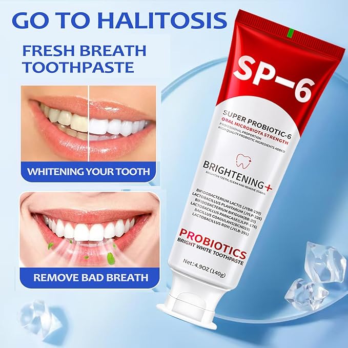 SP-6 Probiotics Whitening Toothpaste, 3 PCS 6 Probiotics Enhanced Formula Brightening Toothpastes for Teeth Whitening and Gum Health, Fluoride-Free, Fresh Breath with Mint Flavor (3 PCS)