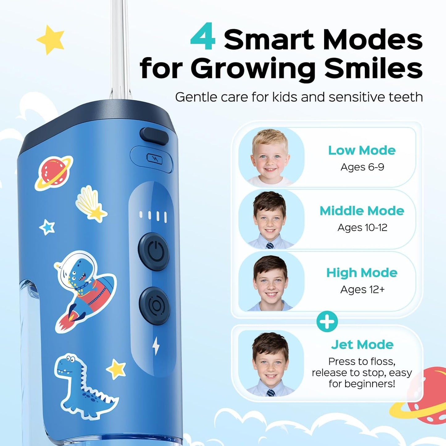 COSLUS Portable Water Flosser for Kids: 4 Gentle Modes for Ages 6+, Braces & Sensitive Teeth - with Fun DIY Stickers, 4 Storable Nozzles, Mini Compact for Home School & Travel Use, BPA-Free, Blue