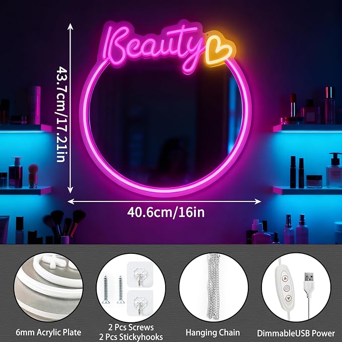 Pink Beauty Neon Sign Mirror, Dimmable Acrylic Circle Wall Decor with USB Power, Shatterproof Vanity Mirror for Girls Teens Room, Christmas Birthday Gift