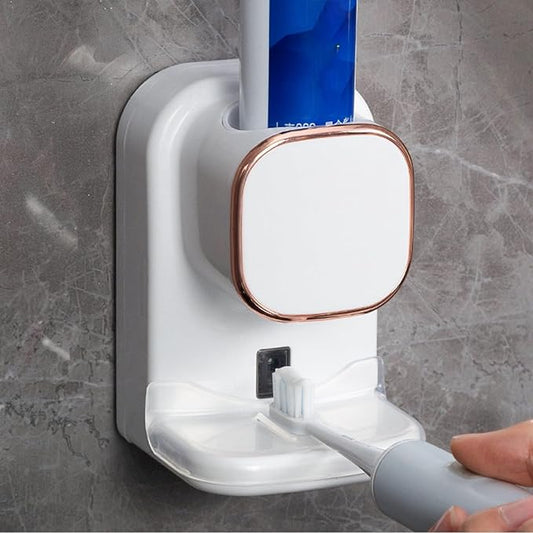 Electric Toothpaste Dispenser, Automatic Toothpaste Squeezer, Wall Mounted with 3 Toothbrush Slots and Holder, Smart Bathroom Accessories Stylish Decor (White)