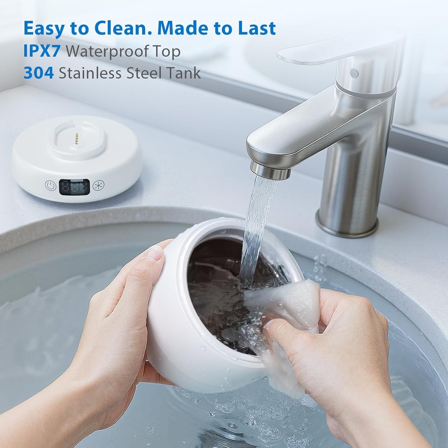 Ultrasonic Retainer Cleaner Machine, 42kHz Professional for Dentures, Aligners, Mouth Guards, Jewelry - IPX7 Waterproof Durable Removable Base and Top Cover, 3 Timer Settings, Quiet White