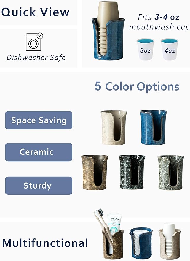 Bathroom Cup Holder, Ceramic Bathroom Cup Dispenser 3 Oz, Small Mouthwash Cup Dispenser Disposable Paper Cup Holder for Bathroom, Coffee Bar, Stoneware Design Modern Decor, Blue