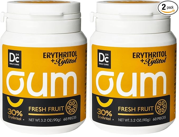 DC24 DAILY CARE Xylitol Chewing Gum with Erythritol, Aspartame Free & Sugar Free Gum for Dry Mouth, Low-Calorie, Sugarless, Fresh Fruit, 60 Pieces (Pack of 2)