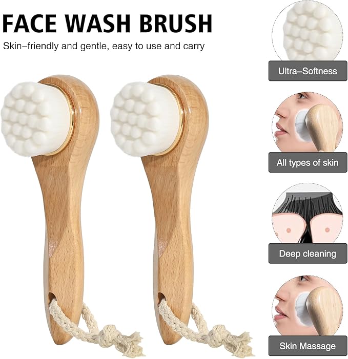 2 Pcs Face Scrubber with Wooden Handle, Facial Cleansing Brushes Face Wash Brush for Deep Pore Cleansing and Exfoliating, Ultra Soft Bristles Manual Dry Brush for Face Care，White