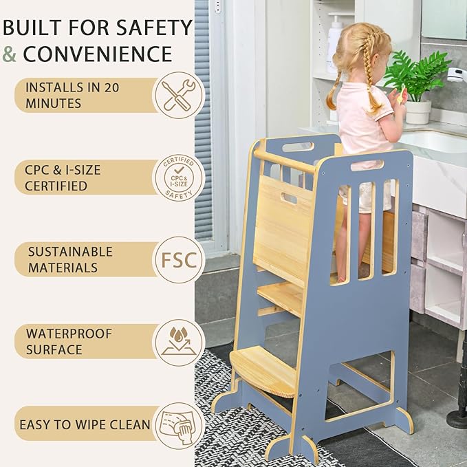 WINGYZ Toddler Kitchen Stool – Adjustable Helper Tower for Kids with Safety Rail, Wooden Standing Step-Up Stool, Sliding Door & Stable Base, Light Blue