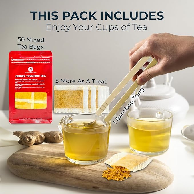 Ginger Tea Bags - 55 Count (+5 Tea Bags) Bamboo Tong Included - 4.16 oz, Re-Steep Herbal Tea Blend, Stimulates Appetite, Promotes Healthy Digestion & Boosts Immunity