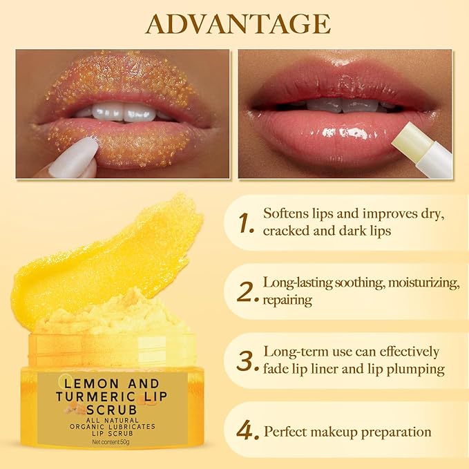 3PCS Turmeric Lemon Lip scrub and Turmeric Lip Balm with Brush Set, Lip Scrubber Exfoliator, Dark Lips Treatment for Smokers, Natural Exfoliator & Moisturizer Cracked, Dull, Reduce Fine Lines Lips