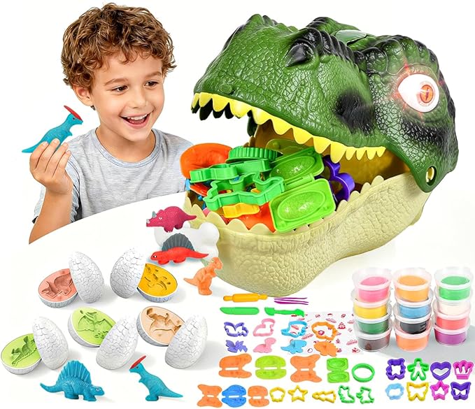 Dinosaur Toys Kids Dough Playset, 55PCS Dino Toys Kit with Molds & Clay, Make Dinosaurs or Create Your Own Models, Storage Case with Light & Sound, Gift for Boys & Girls Ages 3-8