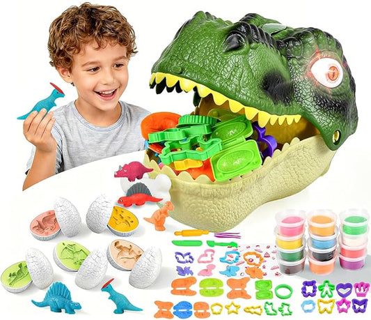 Dinosaur Toys Kids Dough Playset, 55PCS Dino Toys Kit with Molds & Clay, Make Dinosaurs or Create Your Own Models, Storage Case with Light & Sound, Gift for Boys & Girls Ages 3-8