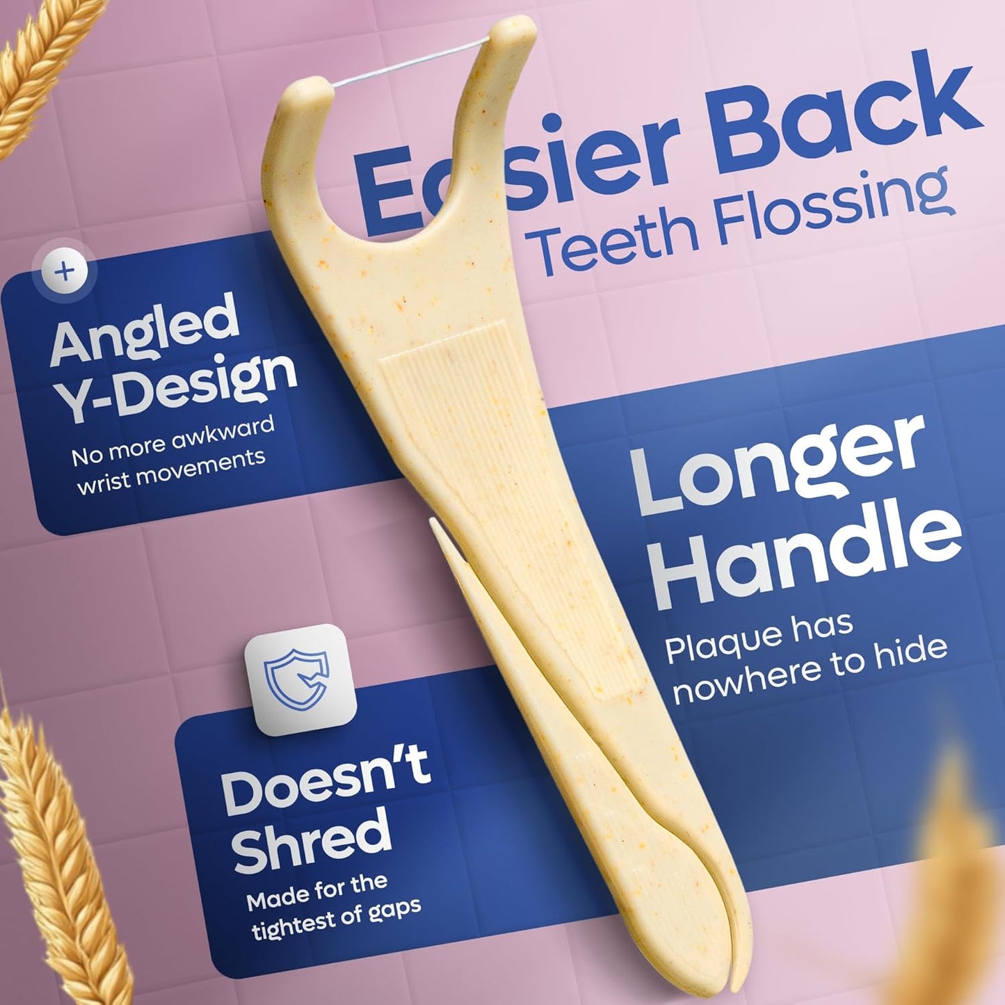 SmartLifeco Eco-Friendly Angled Dental Floss Picks (200ct) - Flossers Made with Straw Wheat Blend, Anti-Shred Thread for Molars & Back Teeth, Tooth Pick Stick for Adults, Soft on Gums, Unflavored