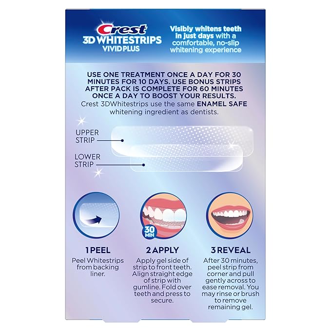Crest 3D Whitestrips Vivid Plus, Teeth Whitening Strip Kit, 10 Treatments + 2 Bonus Treatments (Each with 1 Upper/1 Lower Strip), 24 Strips, 8 Levels Whiter, Teeth Whitening Kit