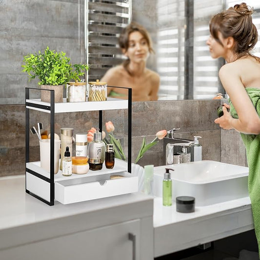 2-Tier Bathroom Organizer Countertop with Drawer, Wood Counter Shelf for Storage, Vanity Tray for Bathroom Organization and Decor, Countertop Organizer for Kitchen, Office (White)