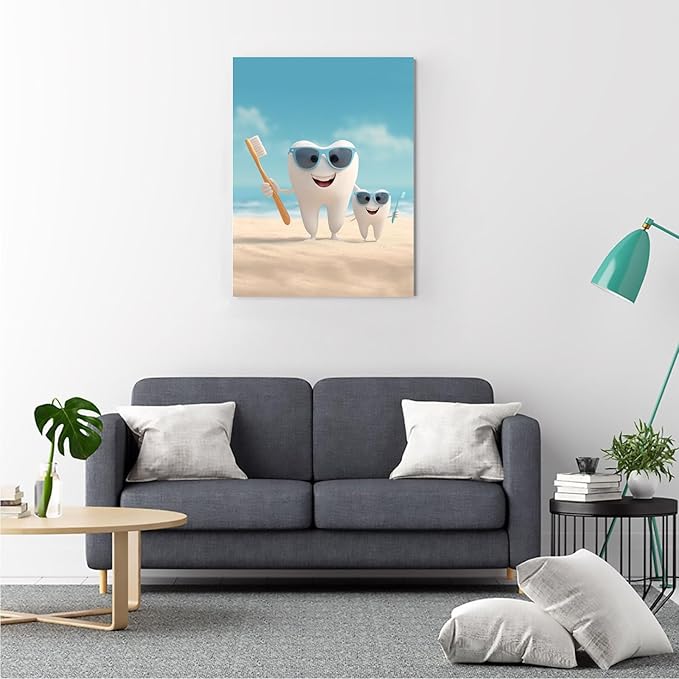 SchindlerBang Summer Dental Cheer Art,Beach Tooth Character Print,Playful Decor for Pediatric Offices,Kids' Spaces,and Seasonal Displays 8x12inch Ready to Hang