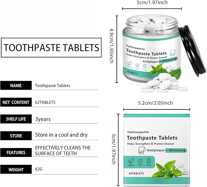 Chewable Whitening - Nano Hydroxyapatite Toothpaste for Sensitive Teeth & Antiplaque -, Natural Peppermint, Fluoride Free - Strengthen & Protect Enamel - Fresh Breath，62pcs