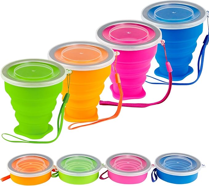 Collapsible Cups for Travel - Portable Silicone Foldable Cup with Lid, Reusable Collapsible Drinking Cup for Camping, Hiking, and Daily Use - Compact, Leak-Proof, and Sturdy Collapsible Water Cup