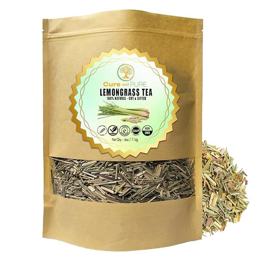 Cure wid Pure Organic Dried Lemongrass - Cut & Sifted 4oz in a Resealable Bag - Non-GMO Lemon Grass for Tea, Cooking, Thai Cuisine, Herbal Teas for Digestive Comfort, Citrus Aroma & Daily Use