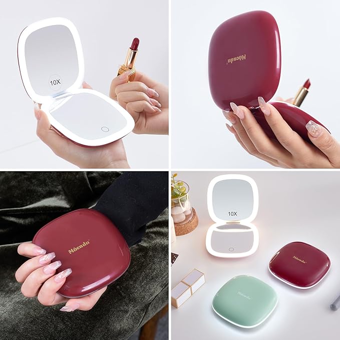 Mocado Compact LED Travel Makeup Mirror - 4 Inches 1X/10X Magnification Travel Mirror with Light Dimmable Double Sides Lighted USB Rechargeable Compact Mirror for Purse,Pocket,Travel(Wine Red)