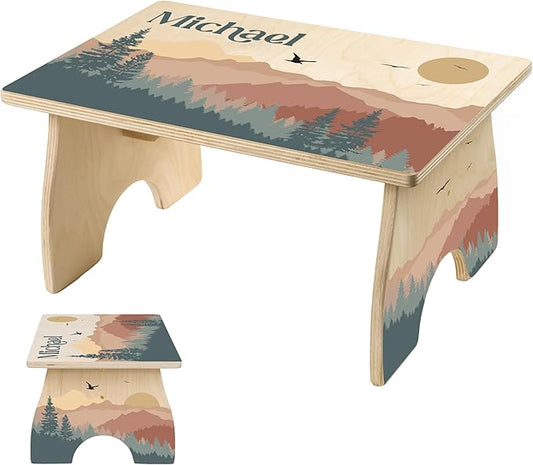 Mountain Step Stool for Toddlers- Personalized Wood Kids Step Stool with Name for Kitchen Sink, Bathroom, Potty Training, Toilet, Kitchen Sink- Sturdy and Safe- Made in USA by BloomOwl (Mountains)