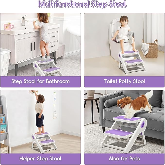 Foldable Toddler Step Stool for Bathroom Sink - 2-Step Kids Stool for Potty Training, Kitchen Counter & Bedroom, Sturdy Non-Slip Child Safety Stool Helper