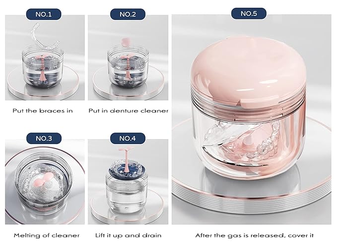 MURRI&MURRDI Retainer Mouth Guard Soak Container Box, Denture Bath Case with Strainer Basket, Braces Cleaner Cup Leak Proof, Travel Cleaning Storage Holder for Invisalign Aligners Dental, Pink