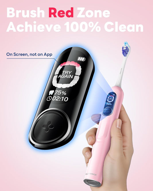 Electric Toothbrush with AI Smart Screen for Adults Kids Teens | 150-Day Battery, Real-Time Brushing Map | Whitening Mode, 3-Min Timer, Travel Case | Family Sonic Toothbrush (G5S Pink)
