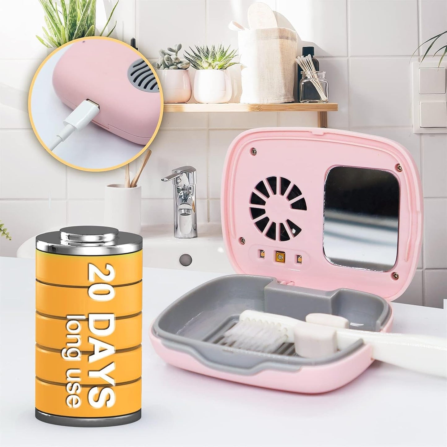 Mini Travel Toothbrush Cover with Air Drying Fan, Toothbrush Travel Case with Drying Lamp Rechargeable Portable Toothbrush Container Toothbrush Holder (Pink)